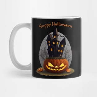 Hunted mansion on a huge Halloween pumpkin Mug